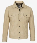 Tan suede jacket with a classic design, featuring button closure and dual chest pockets. The material appears soft, evoking a stylish and casual vibe.