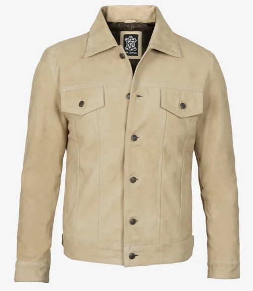 Tan suede jacket with a classic design, featuring button closure and dual chest pockets. The material appears soft, evoking a stylish and casual vibe.