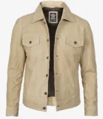 Tan suede jacket with a button-up front and chest pockets, shown against a white background. The jacket conveys a classic and casual style.
