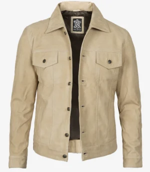 Tan suede jacket with a button-up front and chest pockets, shown against a white background. The jacket conveys a classic and casual style.