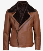 Brown leather jacket with a dark, plush fur-lined collar, zippered front, and side pockets, exuding a stylish and warm appearance.