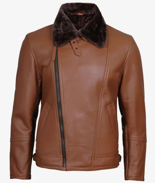 Brown leather jacket with an asymmetrical front zipper and dark fur collar. It has two angled pockets and a sleek, modern design.