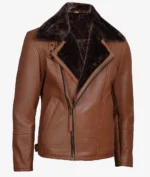 Brown leather jacket with a dark, plush shearling lining. It features a wide collar, asymmetric front zipper, and side pockets, exuding a stylish, warm vibe.