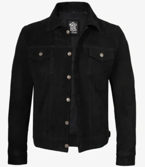 A black suede jacket with a classic design, featuring metal buttons down the front and two chest pockets. The jacket has a sleek, modern look.