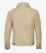 Beige suede jacket back view on a white background, showcasing smooth texture, structured seams, buttoned cuffs, and adjustable waist tabs. Classic and stylish.
