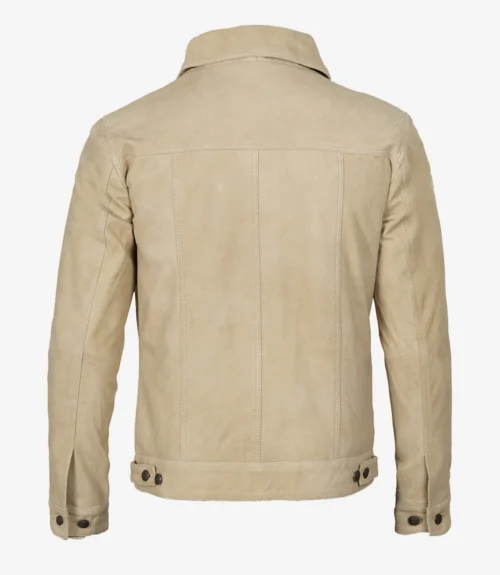 Beige suede jacket back view on a white background, showcasing smooth texture, structured seams, buttoned cuffs, and adjustable waist tabs. Classic and stylish.