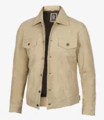 Tan suede jacket with a classic design, featuring a collared neckline, button closure, and flap pockets, exuding a stylish and rugged vibe.