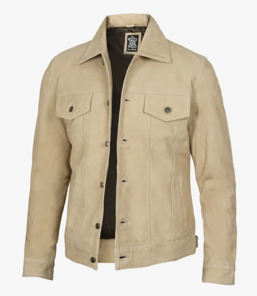 Tan suede jacket with a classic design, featuring a collared neckline, button closure, and flap pockets, exuding a stylish and rugged vibe.