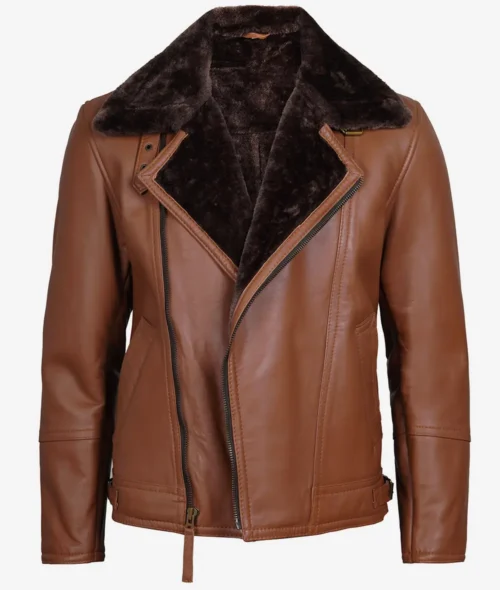 Brown leather jacket with dark fur lining, featuring an asymmetrical zipper and collar. The jacket gives a stylish and cozy appearance.