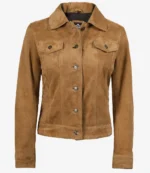 Tan suede jacket with a classic button-up design, minimal collar, and twin chest pockets. Soft texture and tailored fit convey a stylish, casual look.
