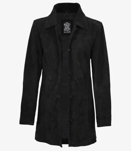 A sleek black leather coat with a classic collar and buttoned front, exuding a timeless, sophisticated style. The label inside reads "Real Leather."
