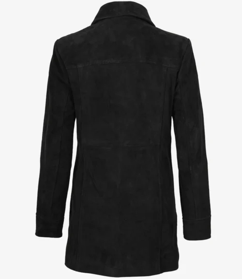 Back view of a black suede trench coat with long sleeves and a classic collar. The texture appears soft, conveying a stylish and elegant tone.
