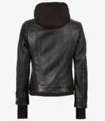 Back view of a brown leather jacket with a dark fabric hood. It features brown stitching and ribbed cuffs, conveying a sleek, rugged style.
