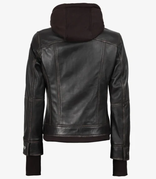 Back view of a brown leather jacket with a dark fabric hood. It features brown stitching and ribbed cuffs, conveying a sleek, rugged style.