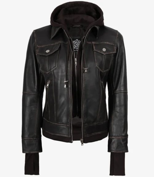 Brown leather jacket with silver zippers, snap button chest pockets, and a detachable hood. The design is sleek and urban, conveying a cool, stylish tone.