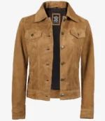 Tan suede jacket with a dark inner lining, featuring a collared neckline and button-up front. It has two chest pockets with buttoned flaps, conveying a stylish and classic look.