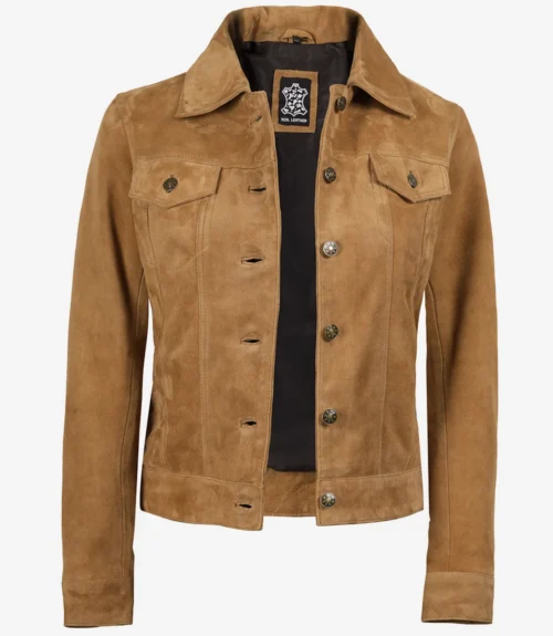 Tan suede jacket with a dark inner lining, featuring a collared neckline and button-up front. It has two chest pockets with buttoned flaps, conveying a stylish and classic look.