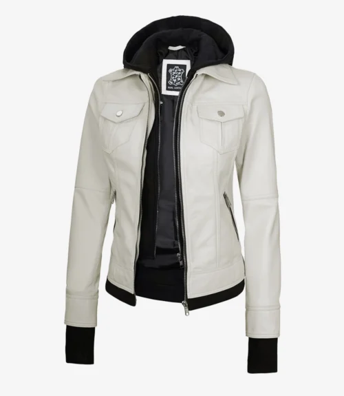 White leather jacket with a black hood and cuffs, featuring silver zippers and chest pockets. The design is modern and stylish, with a casual tone.