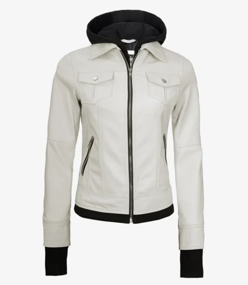 Cream leather jacket with buttoned chest pockets, zippers, and black inner lining, exuding a sleek and modern style against a white background.