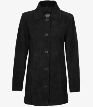Black suede coat with a classic design, featuring a collared neckline and five front buttons. The texture is smooth, conveying elegance and sophistication.