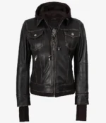 Brown leather jacket with a front zipper, two chest pockets with flaps, and a detachable hoodie. The jacket has visible stitching and offers a stylish, edgy look.