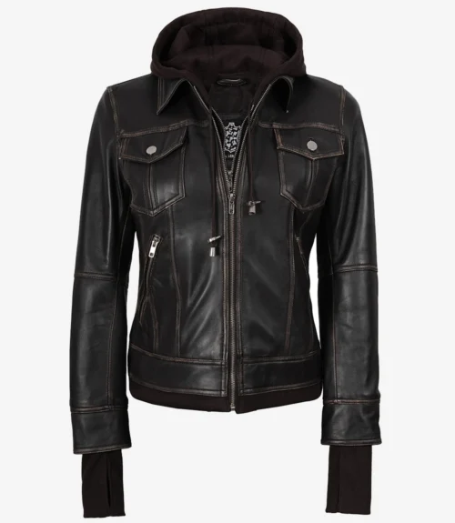 Brown leather jacket with a front zipper, two chest pockets with flaps, and a detachable hoodie. The jacket has visible stitching and offers a stylish, edgy look.