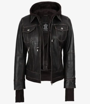 A brown leather jacket with a casual style, featuring a hoodie, multiple zippered pockets, and silver buttoned flaps, conveying a rugged and stylish tone.