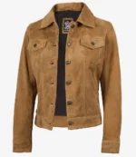 Tan suede jacket with a classic collared design, button closures, and chest pockets, giving a casual yet sophisticated look. Perfect for fall or spring.