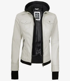 A stylish white leather jacket with a black hoodie underneath, featuring two chest pockets with snap buttons, zipped side pockets, and a logo tag inside.