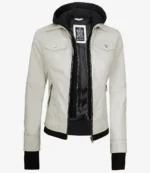 White leather jacket with a detachable black hood and zippered front. Features flap pockets on the chest and sleek design, conveying a stylish, modern feel.
