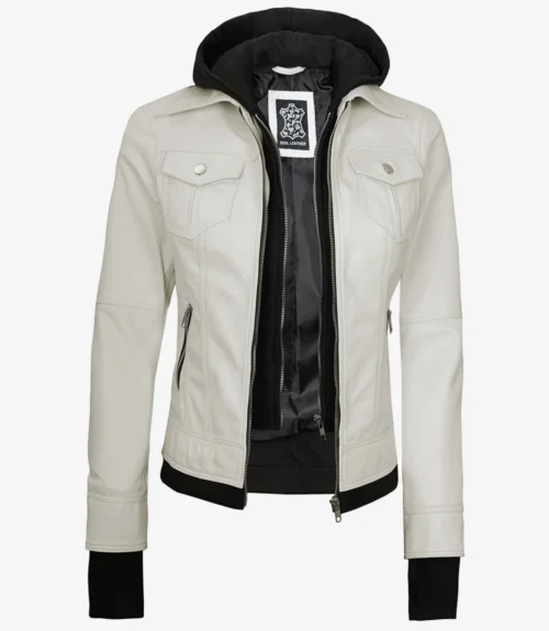 White leather jacket with a detachable black hood and zippered front. Features flap pockets on the chest and sleek design, conveying a stylish, modern feel.