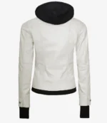 White leather jacket with a black hood, viewed from the back. Features include long sleeves, dark cuffs, and a fitted design, conveying a sleek and modern style.