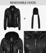 Black leather jacket with detachable hood shown in multiple views. Includes close-ups of zipper and pocket details. Text above reads "Removable Hood".
