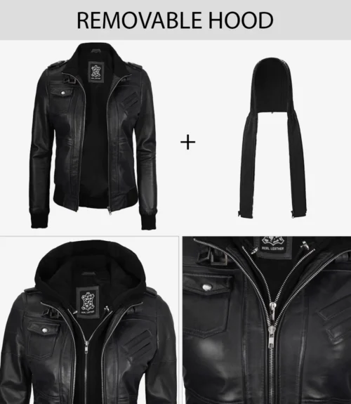 Black leather jacket with detachable hood shown in multiple views. Includes close-ups of zipper and pocket details. Text above reads "Removable Hood".
