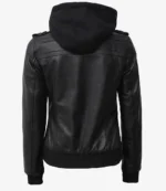Back view of a black faux leather jacket with a dark hood. The jacket features padded shoulders, a ribbed hem, and a sleek, modern design.