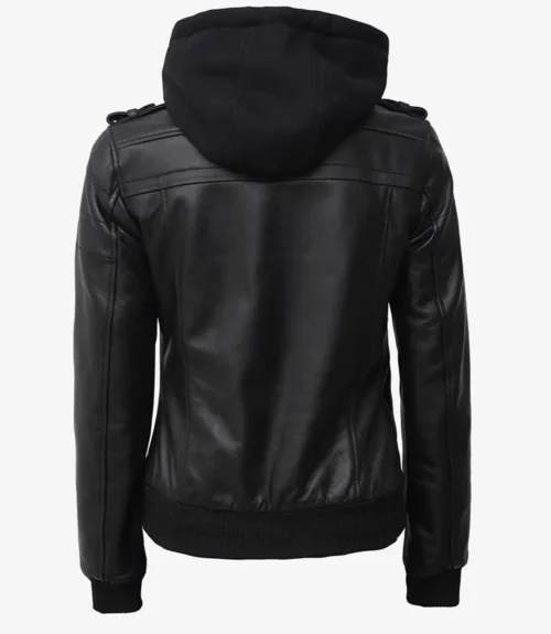 Back view of a black faux leather jacket with a dark hood. The jacket features padded shoulders, a ribbed hem, and a sleek, modern design.