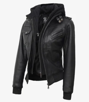 Black leather jacket with a detachable hood, multiple zippers, and button details, exuding a stylish and edgy look, perfect for casual wear.
