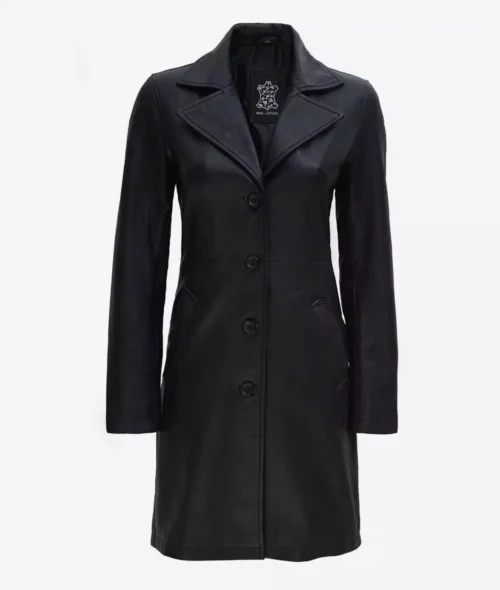 A sleek, black leather coat with four buttons and wide lapels. The coat is tailored with a classic, sophisticated design, featuring side pockets.