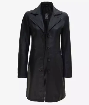 Black leather coat with a sleek, tailored design, featuring a notched collar and five buttons. The coat exudes a classic, stylish look.