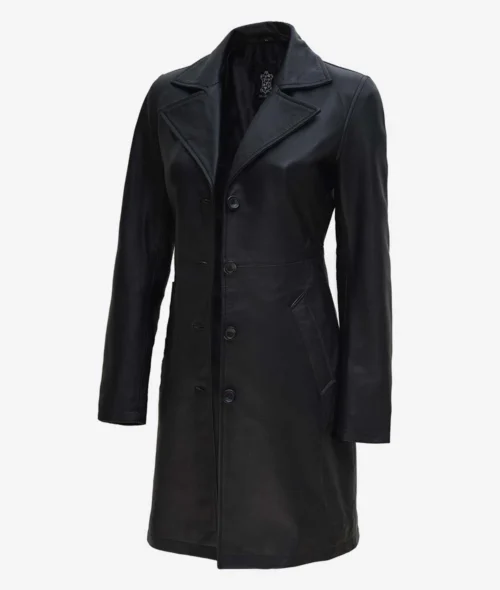 A sleek, black leather trench coat with a notched lapel, button closure, and side pockets. The coat exudes a stylish and classic vibe.