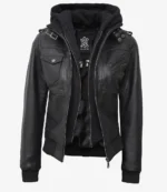 Black leather jacket with attached hoodie, front view. Features zip closure, two chest pockets, shoulder epaulettes, and inner lining. Stylish and edgy.