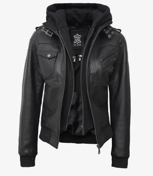 Black leather jacket with attached hoodie, front view. Features zip closure, two chest pockets, shoulder epaulettes, and inner lining. Stylish and edgy.