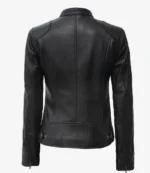 A black leather jacket is shown from the back, featuring sleek, fitted lines with subtle paneling. It exudes a classic, stylish, and contemporary vibe.