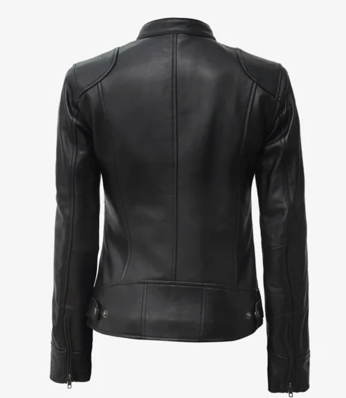 A black leather jacket is shown from the back, featuring sleek, fitted lines with subtle paneling. It exudes a classic, stylish, and contemporary vibe.