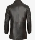 Back view of a dark brown leather coat with long sleeves and a collar. The minimal design and smooth texture convey a sleek, sophisticated style.