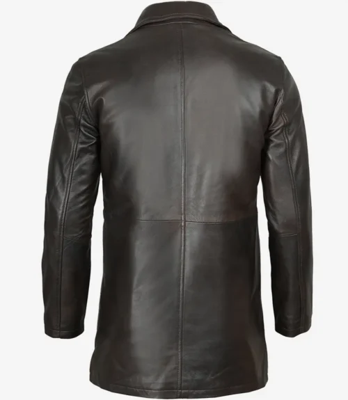 Back view of a dark brown leather coat with long sleeves and a collar. The minimal design and smooth texture convey a sleek, sophisticated style.