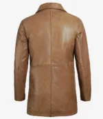 Brown leather coat back view, showing smooth texture and stitching details. The coat features a classic collar and long sleeves. Elegant and timeless design.