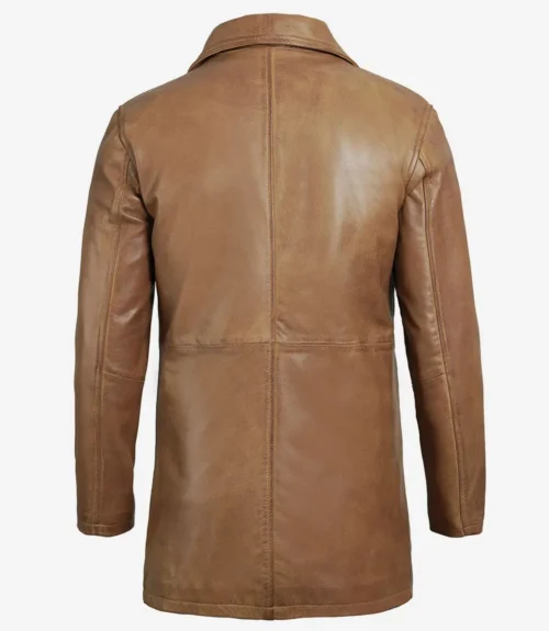 Brown leather coat back view, showing smooth texture and stitching details. The coat features a classic collar and long sleeves. Elegant and timeless design.