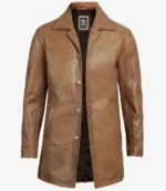 Brown leather jacket with a classic cut, featuring a collared neck and four buttons down the front. It exudes a timeless and stylish appeal.