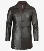 Dark brown leather coat with a sleek design, featuring four buttons and a classic collar. The texture is smooth, conveying a stylish, elegant tone.
